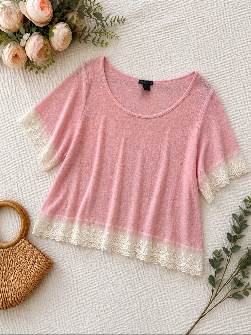 Mascara Pink Scoop Neck Top with Cream Lace Trim